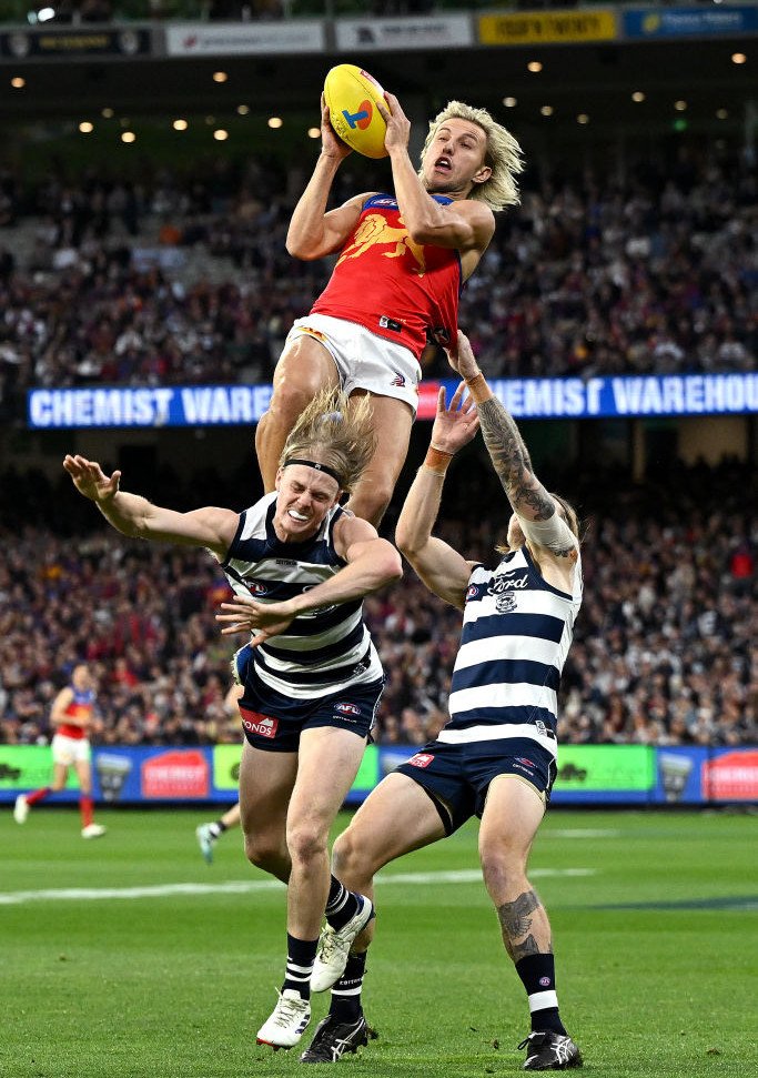 Kai Lohmann takes a huge mark during the preliminary final against Geelong.