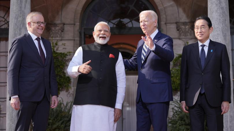 President Joe Biden greets from left, Anthony Albanese, India's Prime Minister Narendra Modi and Japan's Prime Minister Fumio Kishida, at the Quad leaders summit at Archmere Academy in Claymont, Delaware. 