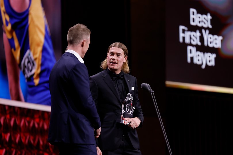 MELBOURNE, AUSTRALIA - AUGUST 29: Jack Riewoldt presents Harley Reid of the Eagles the AFLPA Best First Year Player during the 2024 AFL Awards at Centrepiece on August 29, 2024 in Melbourne, Australia. (Photo by Dylan Burns/AFL Photos via Getty Images)