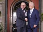 President Joe Biden greets Australia's Prime Minister Anthony Albanese at the Quad leaders summit at Archmere Academy in Claymont, Del., Saturday, Sept. 21, 2024. (AP Photo/Mark Schiefelbein)