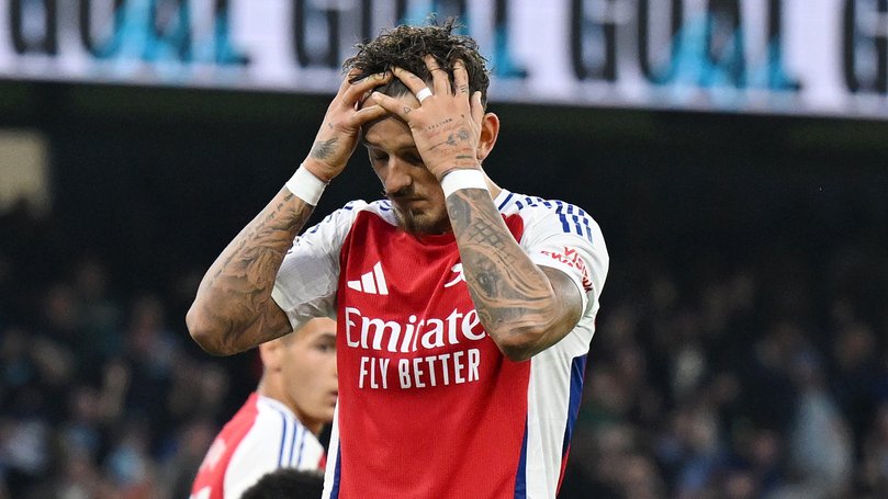 Arsenal’s Ben White looks dejected after John Stones scored the equaliser.