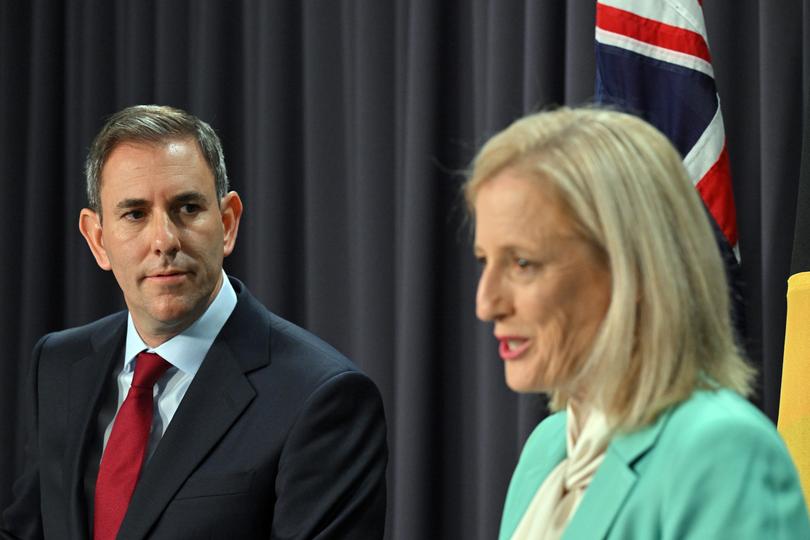 Treasurer Jim Chalmers and Minister for Finance Katy Gallagher at a press conference at Parliament House in Canberra, Friday, May 10, 2024. (AAP Image/Mick Tsikas) NO ARCHIVING