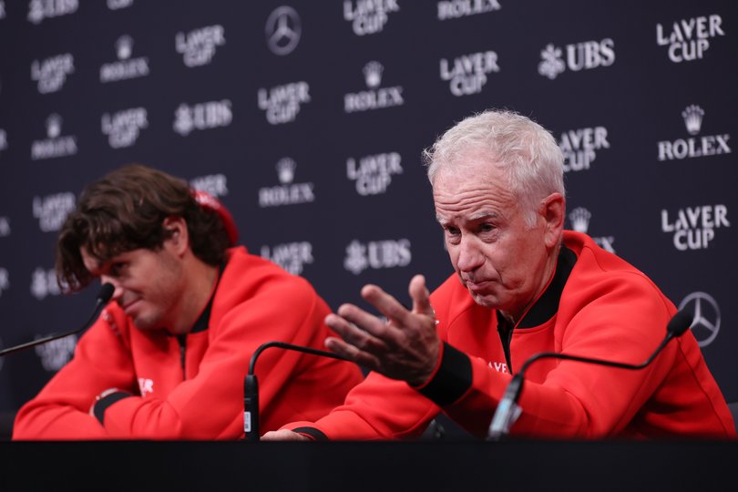 John McEnroe, Captain of Team World, speaks to the media after the Laver Cup.