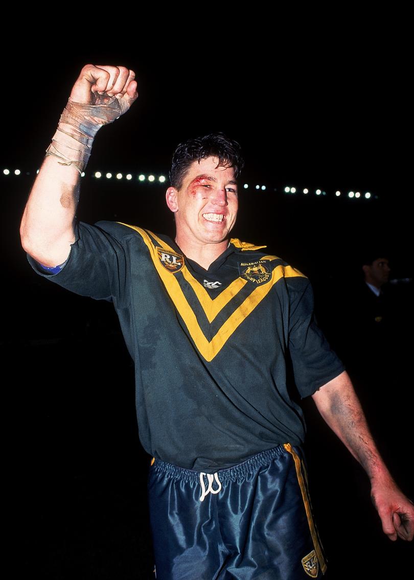 Mark Carroll celebrates a Kangaroos win over New Zealand in 1995.