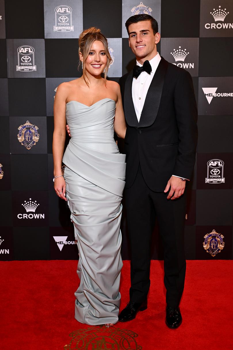 VARIOUS CITIES, AUSTRALIA - SEPTEMBER 23: Nick Daicos of the Collingwood Magpies and partner Arlette Amor arrive ahead of the 2024 Brownlow Medal at on September 23, 2024 in Various Cities, Australia. (Photo by Quinn Rooney/Getty Images)