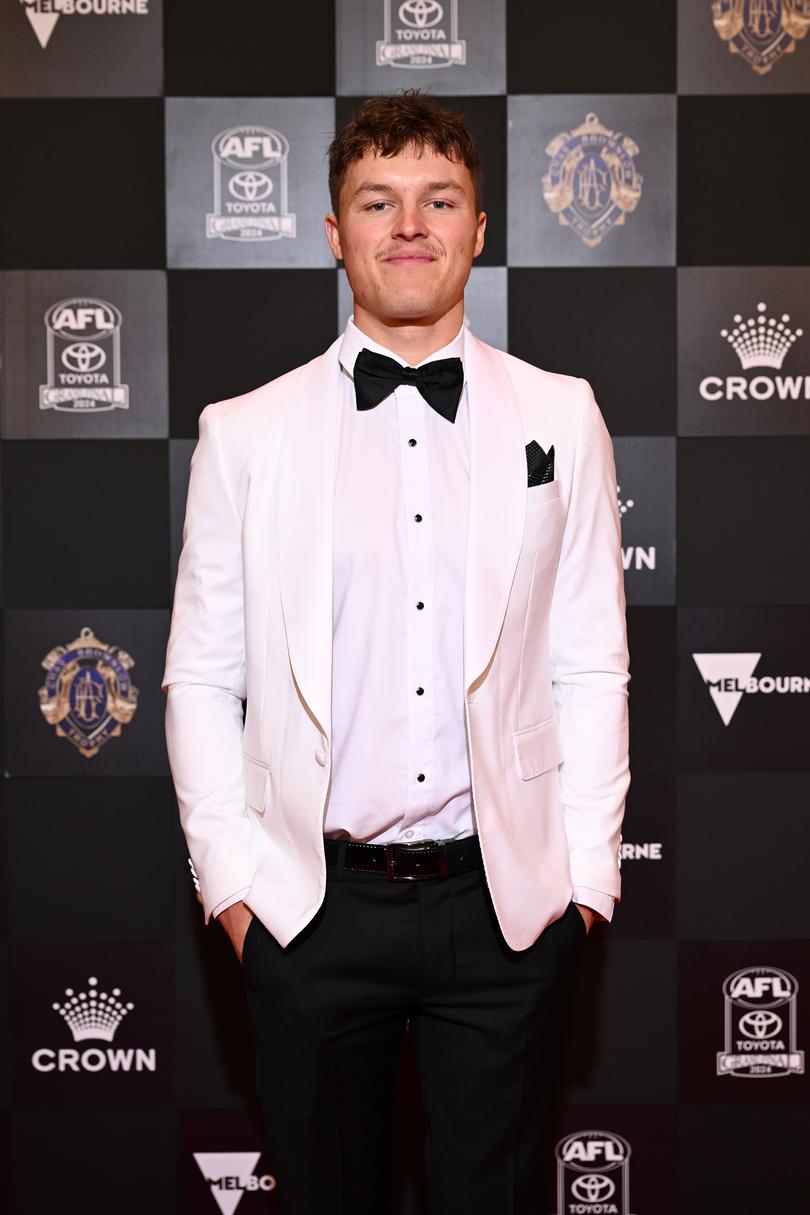 VARIOUS CITIES, AUSTRALIA - SEPTEMBER 23: Jack Ginnivan of the Hawthorn Hawks arrives ahead of the 2024 Brownlow Medal at  on September 23, 2024 in Various Cities, Australia. (Photo by Quinn Rooney/Getty Images)