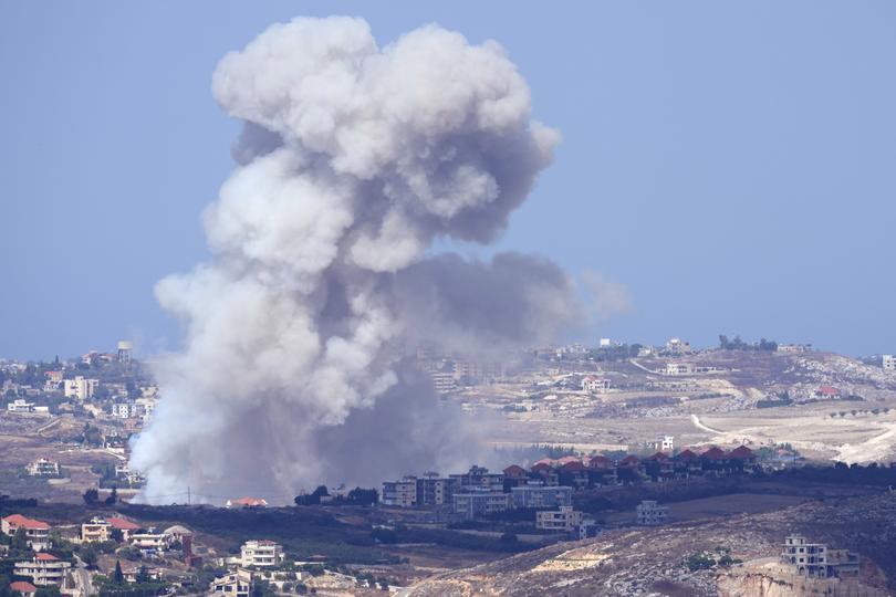 Smoke rises from Israeli air strikes on villages in the Nabatiyeh district, seen from the southern town of Marjayoun, Lebanon.