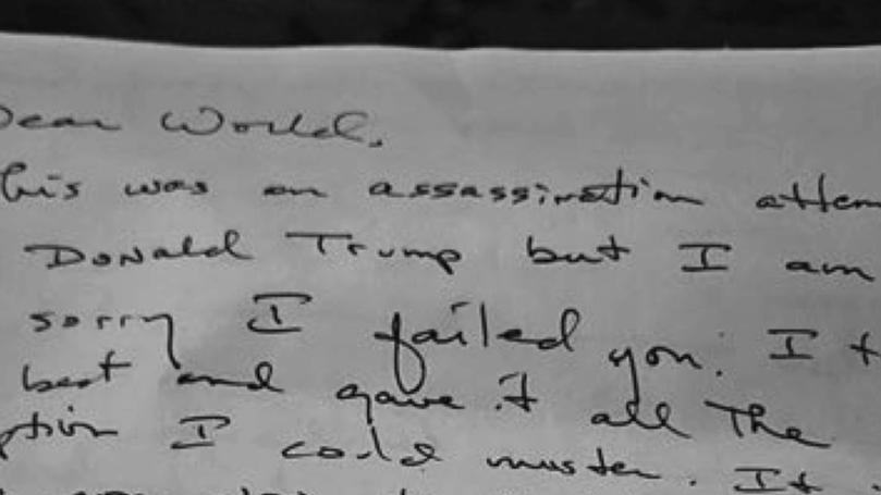 A page from a court filing in US District Court for the Southern District of Florida shows a photo of a note that Ryan Routh allegedly left with a friend, saying, "This was an assassination attempt." 