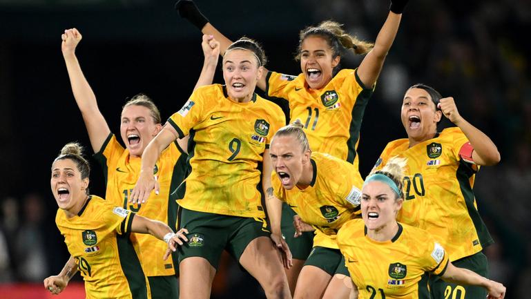 The Matildas celebrating their World Cup quarterfinal win over France at Suncorp Stadium last year.