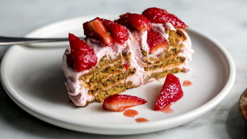 Creamy mascarpone flavored with puréed strawberries for a strawberry gingersnap icebox cake.