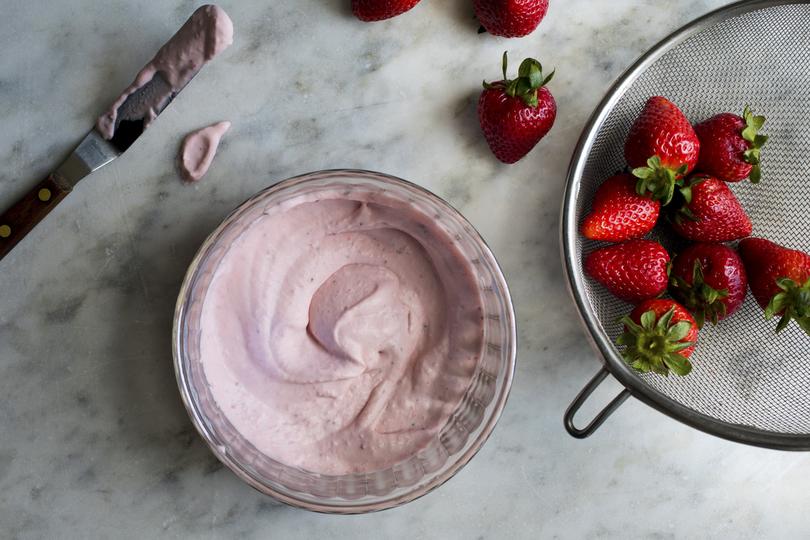 Creamy mascarpone flavored with puréed strawberries for a strawberry gingersnap icebox cake.