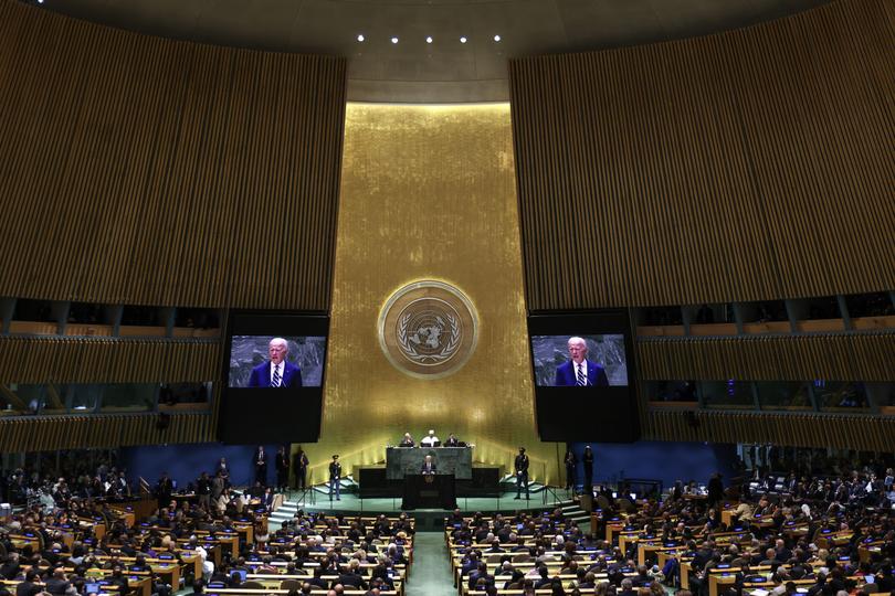 epa11622428 US President Joe Biden (C) speaks during the General Debate of the 79th session of the United Nations General Assembly at United Nations Headquarters in New York, New York, USA, 24 September 2024. The annual high-level General Debate gathers world leaders from 24 to 28 September, and 30 September under the theme, 'Leaving no one behind: acting together for the advancement of peace, sustainable development and human dignity for present and future generations'. EPA/JUSTIN LANE