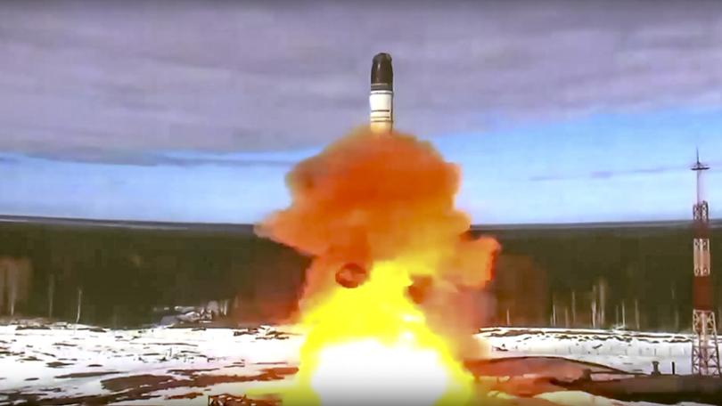 Russia launching its Sarmat intercontinental ballistic missile in a 2022 test.