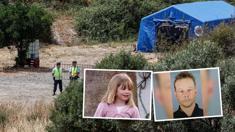 Police at the scene of a recent search for Maddie McCann at Portugal. Inset: Maddie McCann and (bottom right) suspect Christian Brueckner.