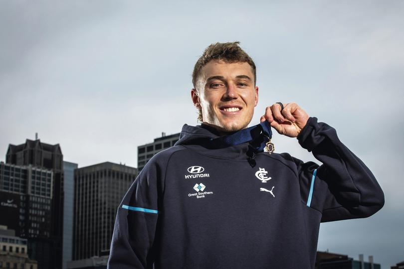 MELBOURNE, AUSTRALIA - SEPTEMBER 24: 2024 Brownlow Medal winner Patrick Cripps of the Blues poses for a photo at Crown Promenade Riverside on September 24, 2024 in Melbourne, Australia. (Photo by Darrian Traynor/Getty Images via AFL Photos)