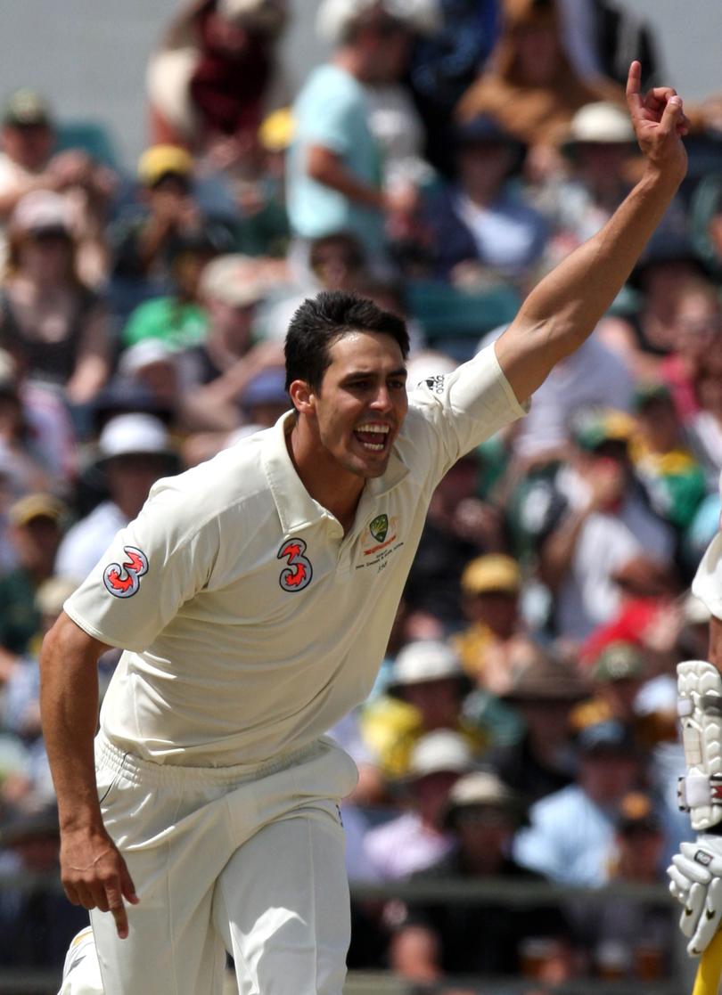 Australia v South Africa in the 1st Test at the WACA in Perth; Mitchell Johnson celebrates the wicket of Neil McKenzie. Picture: Mal Fairclough  (The West Australian) 20th December 2008 *** NOTE .***