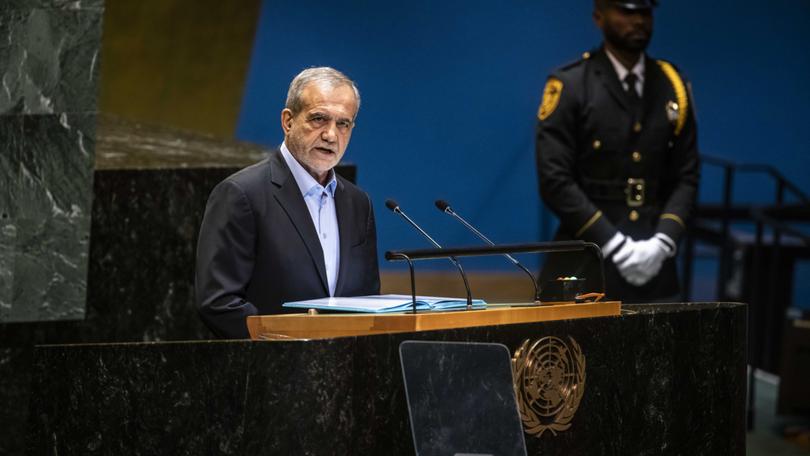 President Masoud Pezeshkian of Iran addresses the 79th session of the United Nations General Assembly at the United Nations in New York, Sept. 24, 2024. 