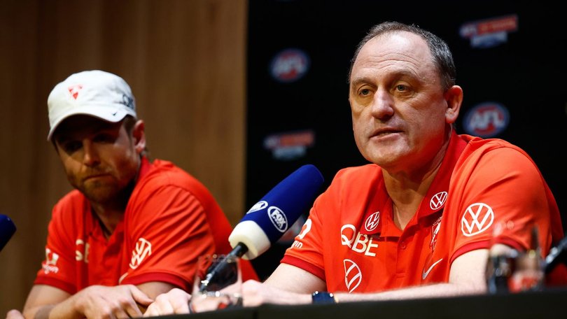 Dane Rampe and John Longmire face the media ahead of the Grand Final Parade.