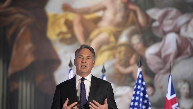 Australian Defence Minister Richard Marles speaks during a press conference at the AUKUS Defence Ministers meeting at Old Royal Naval College, Greenwich, London.