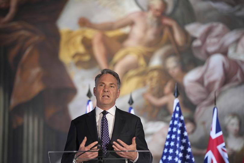 Australian Defence Minister Richard Marles speaks during a press conference at the AUKUS Defence Ministers meeting at Old Royal Naval College, Greenwich, London.