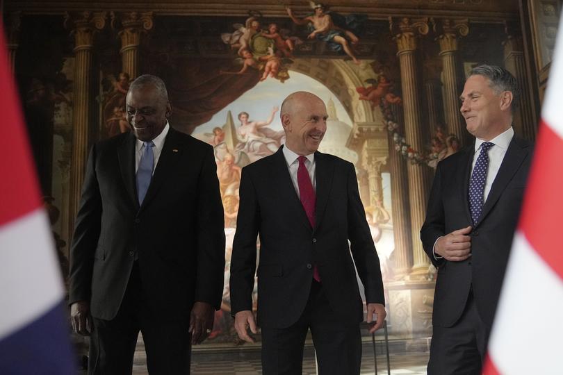 US Secretary of Defence Lloyd Austin, Defence Secretary John Healey, and Australian Defence Minister Richard Marles during the AUKUS Defence Ministers Meeting at Old Royal Naval College, Greenwich, London.