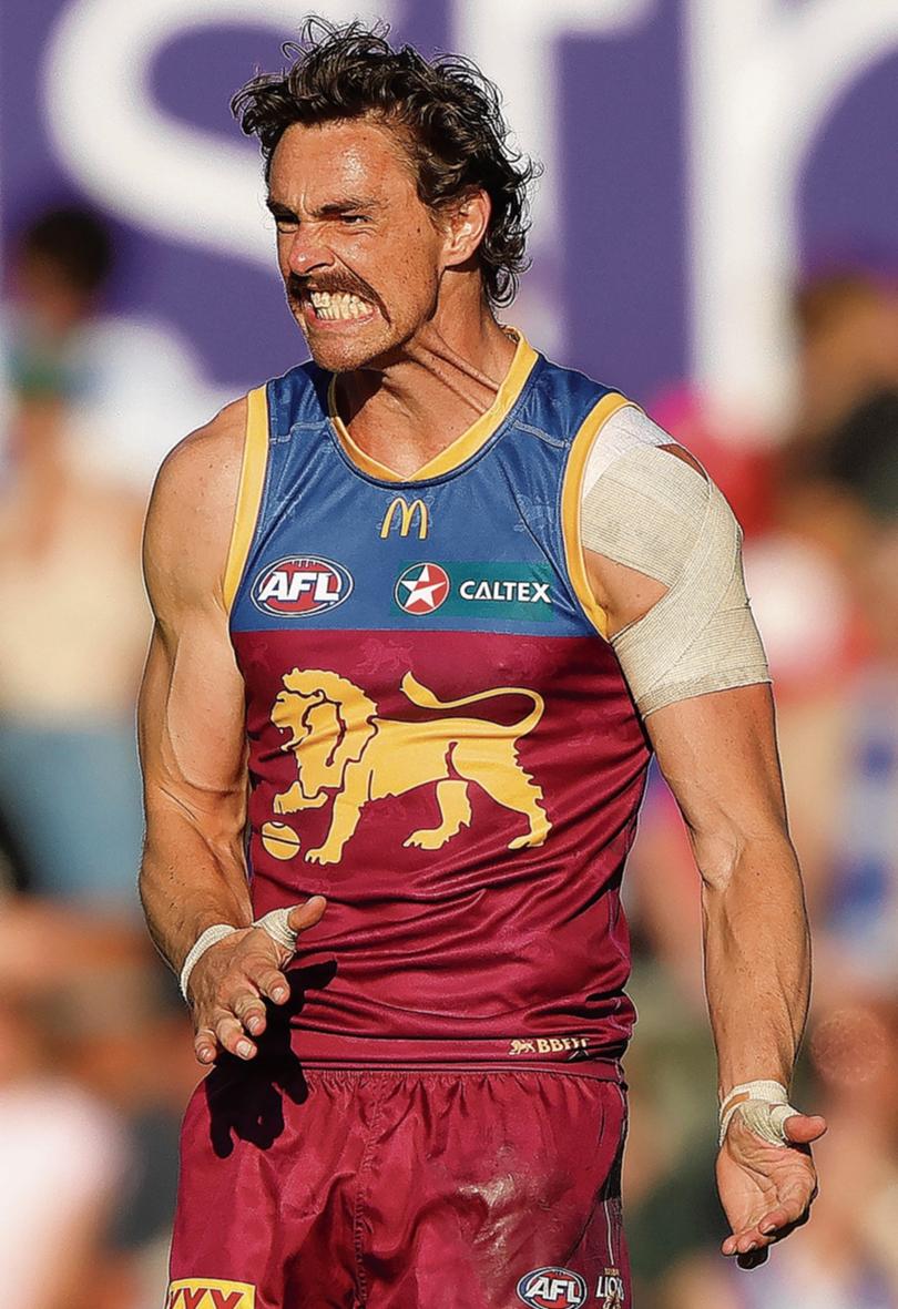 ADELAIDE, AUSTRALIA - APRIL 5: Joe Daniher of the Lions reacts to missing a set shot during the round four AFL match between Brisbane Lions and North Melbourne Kangaroos at Norwood Oval, on April 5, 2024, in Adelaide, Australia. (Photo by Sarah Reed/Getty Images via AFL Photos)