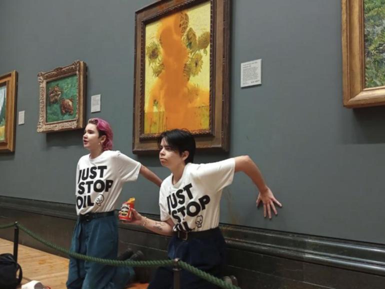 Two people have been sentenced for their October 2022 attack on a Sunflowers painting in London.