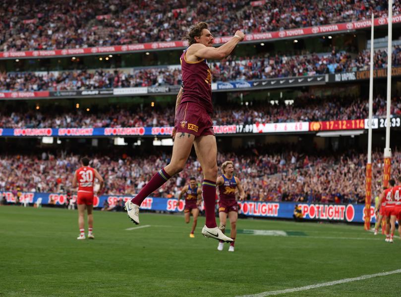 Joe Daniher of the Lions celebrates.