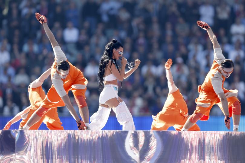 MELBOURNE, AUSTRALIA - SEPTEMBER 28:  Katy Perry performs before the AFL Grand Final match between Sydney Swans and Brisbane Lions at Melbourne Cricket Ground, on September 28, 2024, in Melbourne, Australia. (Photo by Darrian Traynor/AFL Photos)