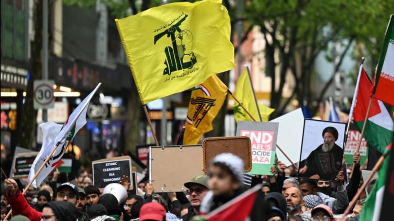 Attendees were seen waving a flag associated with Hezbollah at a pro-Palestine rally in Melbourne.