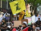 Attendees were seen waving a flag associated with Hezbollah at a pro-Palestine rally in Melbourne.