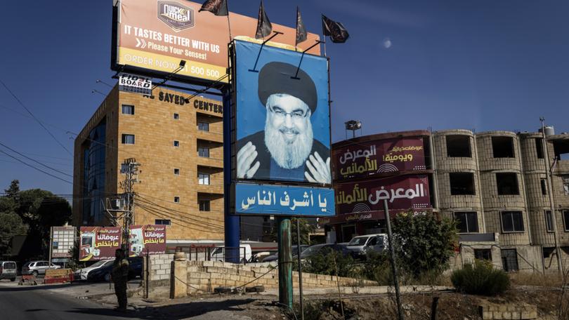 A billboard depicting Hassan Nasrallah, the Hezbollah leader, seen from the streets of the Bekaa Valley in Lebanon.