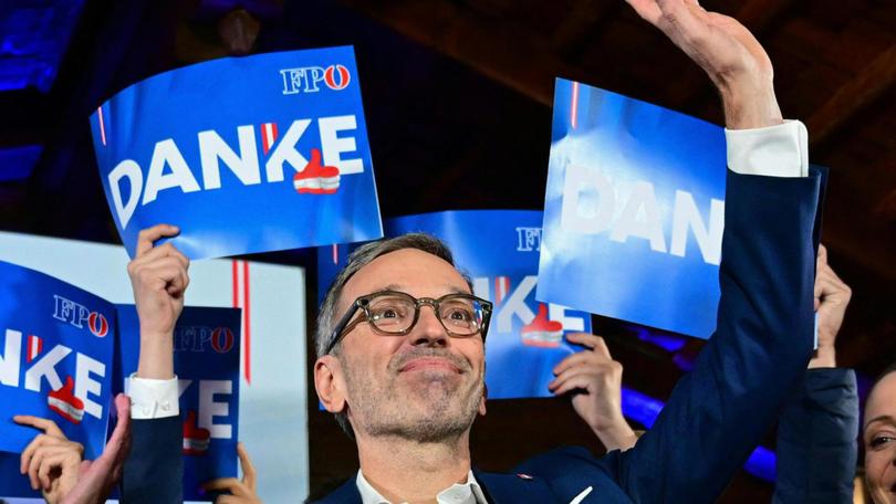 Herbert Kickl, leader and top candidate of right-wing populist Freedom Party of Austria (FPOe) waves to supporters.