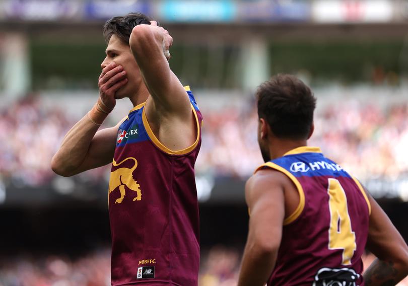 MELBOURNE, AUSTRALIA - SEPTEMBER 28: Eric Hipwood of the Lions celebrates after scoring a goal during the AFL Grand Final match between Sydney Swans and Brisbane Lions at Melbourne Cricket Ground, on September 28, 2024, in Melbourne, Australia. (Photo by Robert Cianflone/AFL Photos via Getty Images)