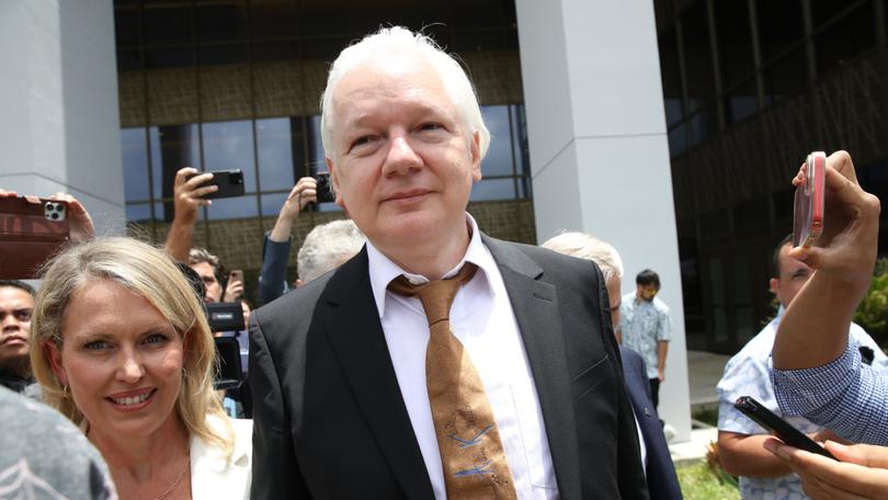 WikiLeaks founder Julian Assange leaves the United States Courthouse on June 26, 2024, in Saipan, Northern Mariana Islands. 