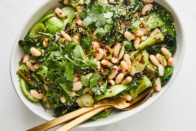 A charred bok choy and cannellini bean salad, a potassium powerhouse for people on the DASH diet.