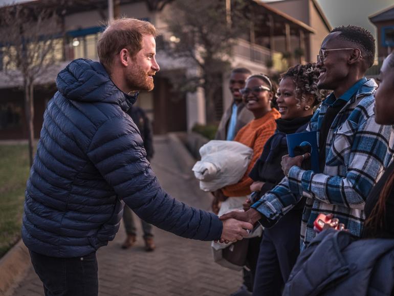 Prince Harry, Duke of Sussex arrives at a welcome event at Sentebales Mamohato Childrens Centre in Lesotho.