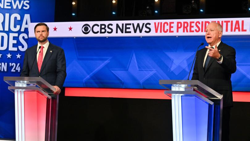 Senator JD Vance, left, and Minnesota Governor Tim Walz at the vice-presidential debate at the CBS Broadcast Centre in New York. 