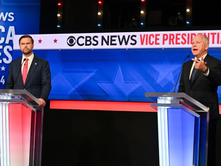 Senator JD Vance, left, and Minnesota Governor Tim Walz at the vice-presidential debate at the CBS Broadcast Centre in New York. 