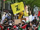 A Hezbollah flag is seen during a Pro-Palestine rally for Gaza and Lebanon in Melbourne.