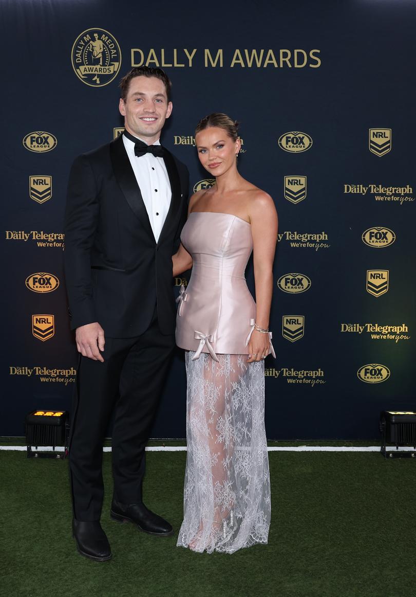 SYDNEY, AUSTRALIA - OCTOBER 02: Cameron Murray of the Rabbitohs and Miranda Cross arrive ahead of the 2024 Dally M Awards at Royal Randwick Racecourse on October 02, 2024 in Sydney, Australia. (Photo by Mark Metcalfe/Getty Images)