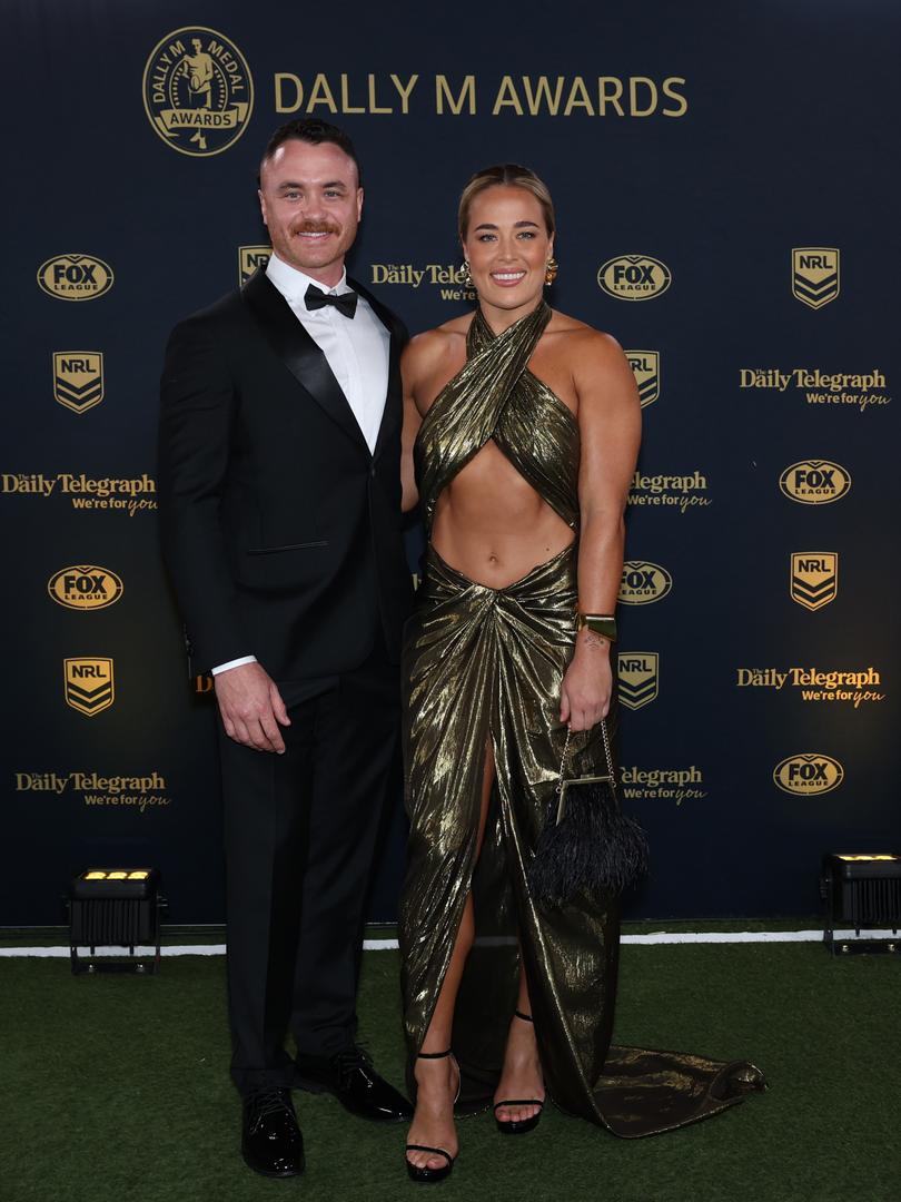 SYDNEY, AUSTRALIA - OCTOBER 02: Jake Callister and Isabelle Kelly arrive ahead of the 2024 Dally M Awards at Royal Randwick Racecourse on October 02, 2024 in Sydney, Australia. (Photo by Mark Metcalfe/Getty Images)