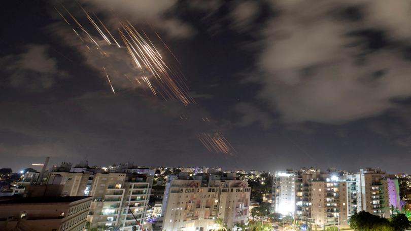 Israel's Iron Dome anti-missile system intercepts rockets after Iran fired a salvo of ballistic missiles, as seen from Ashkelon, Israel, October 1.