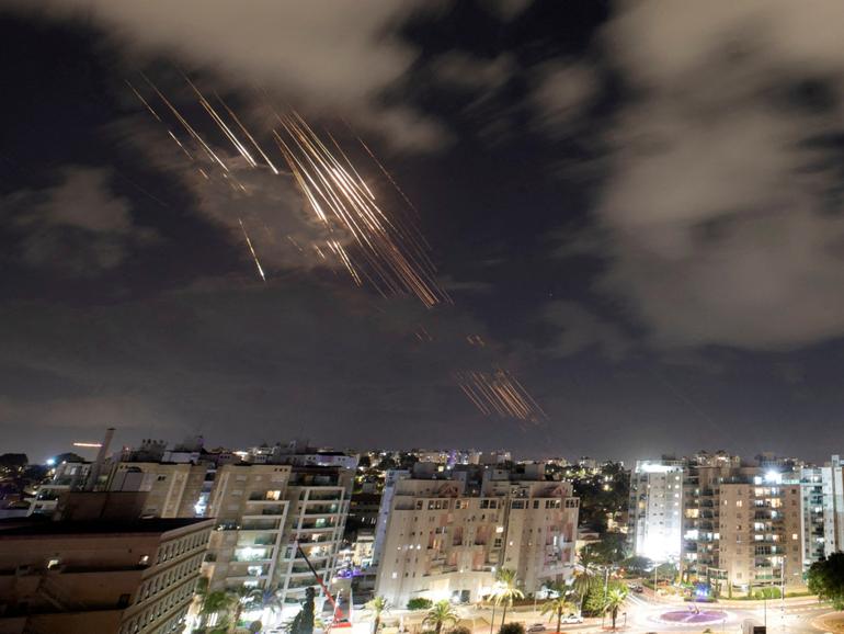 Israel's Iron Dome anti-missile system intercepts rockets after Iran fired a salvo of ballistic missiles, as seen from Ashkelon, Israel, October 1.