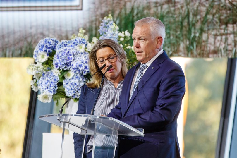 Grant and Emma Stevens speak during a twilight service celebrating the life of Charlie Stevens.