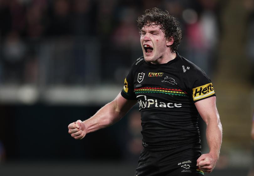 SYDNEY, AUSTRALIA - SEPTEMBER 28:  Liam Martin of the Panthers celebrates scoring a try during the NRL Preliminary Final match between the Penrith Panthers and the Cronulla Sharks at Accor Stadium on September 28, 2024 in Sydney, Australia. (Photo by Matt King/Getty Images)