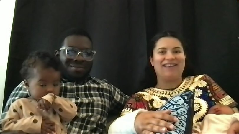 Melbourne woman Rose and husband Dami on Sunrise on Friday, speaking about her car accident before giving birth last week.