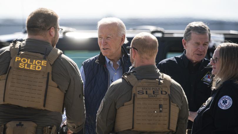 President Biden, with Gov. Roy Cooper of North Carolina, arrives in Greenville, S.C., to visit areas devastated by Hurricane Helene.