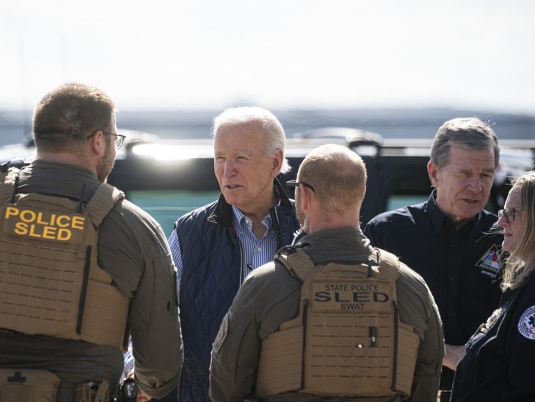 President Biden, with Gov. Roy Cooper of North Carolina, arrives in Greenville, S.C., to visit areas devastated by Hurricane Helene.