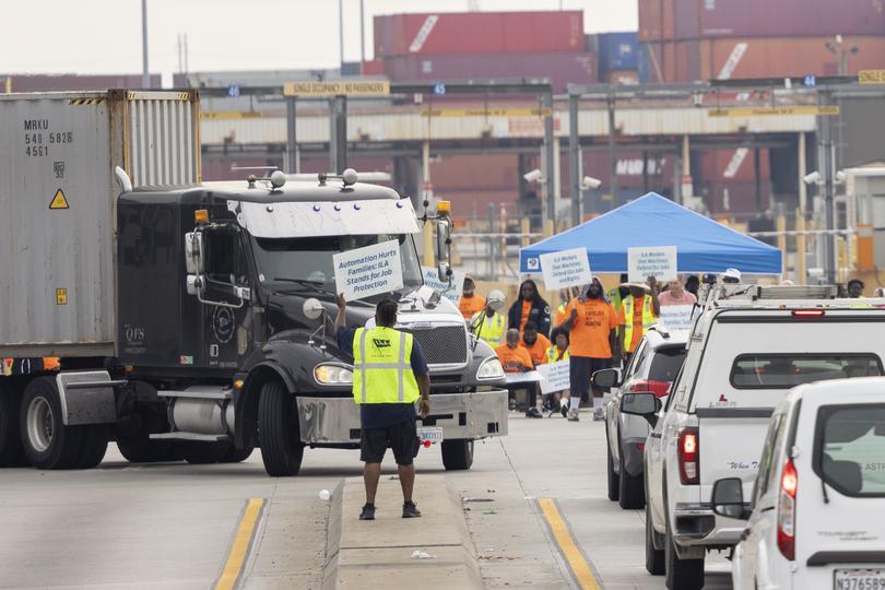 Striking workers with the International Longshoremen’s Association at the Port of Savannah.